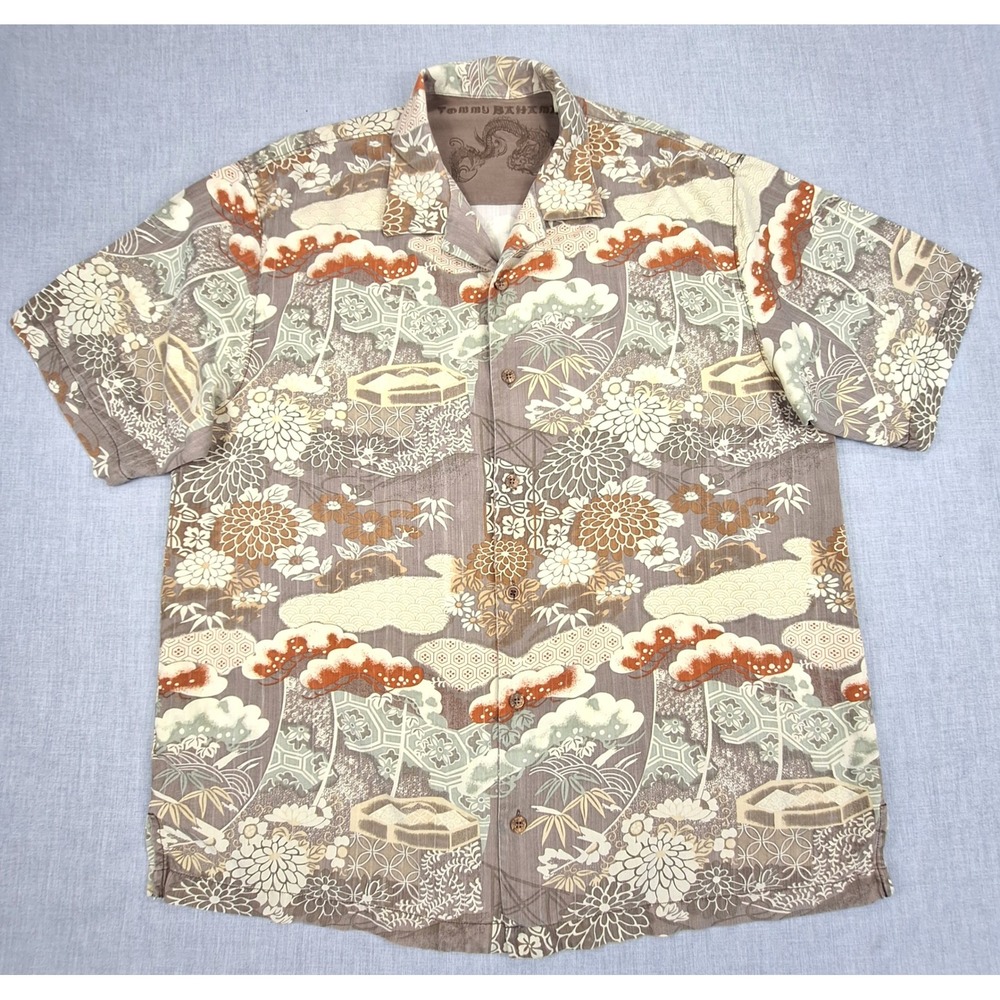 Tommy Bahama Mens XL Silk Japanese Landscape Dragon Camp Shirt Brown